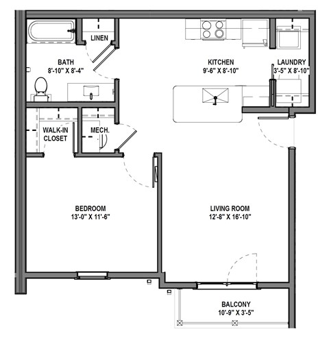 Floor plan for 1 bed, 1 bath, 720 sqft